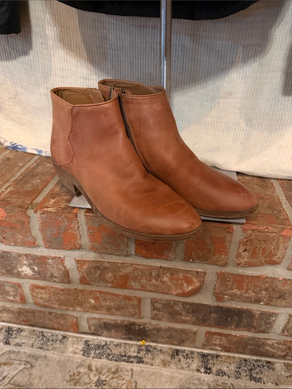 Frye Women’s Cognac Brown Leather Ankle Boots Side Zip Stacked Heel Booties